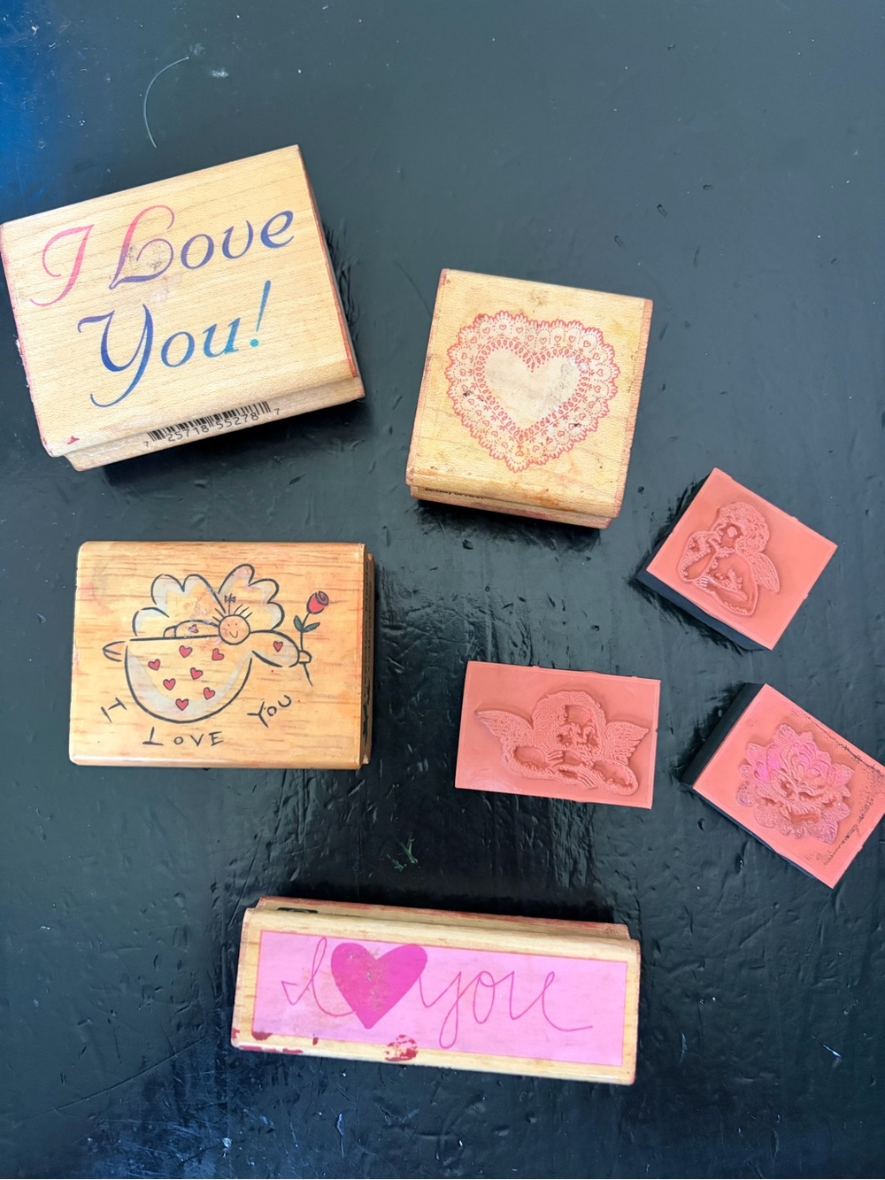 Love Themed Rubber Stamp Set - Pink, Red, Tan